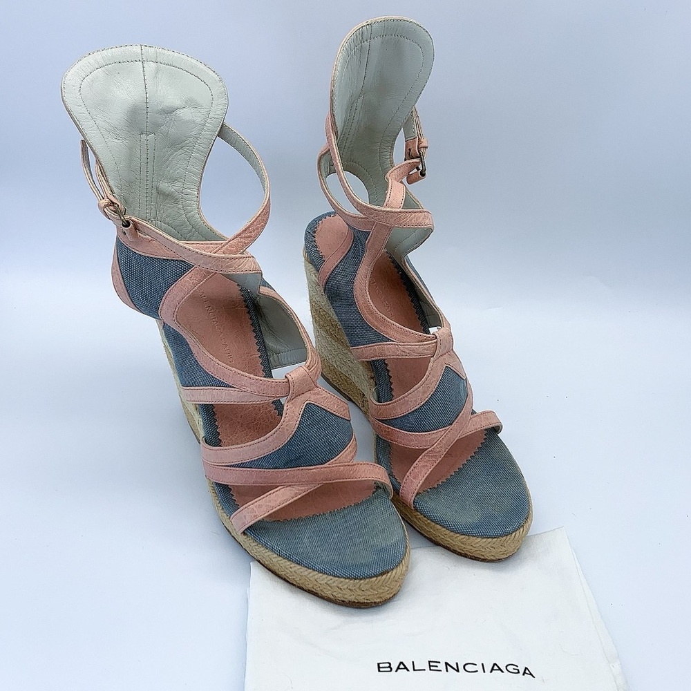 Balenciaga Denim and Leather Trim Gladiator Wedge Espadrille Sandal